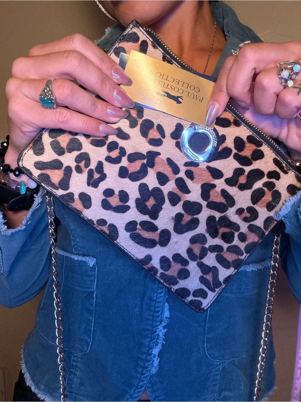 Leopard Print Crossbody Bag with Chain Strap - Black and Tan